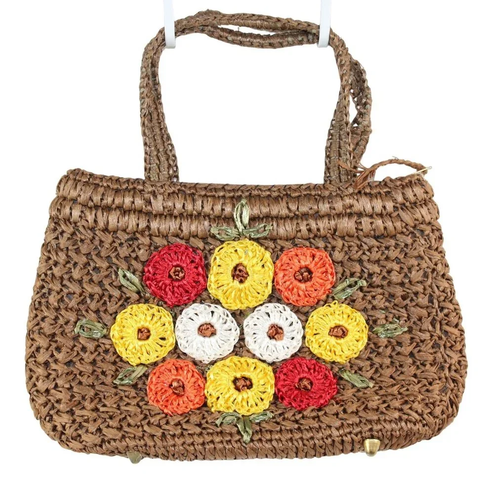 Vintage 1970's Raffia Straw Crochet Floral Embellishments Double Handled Purse - Picture 1 of 16